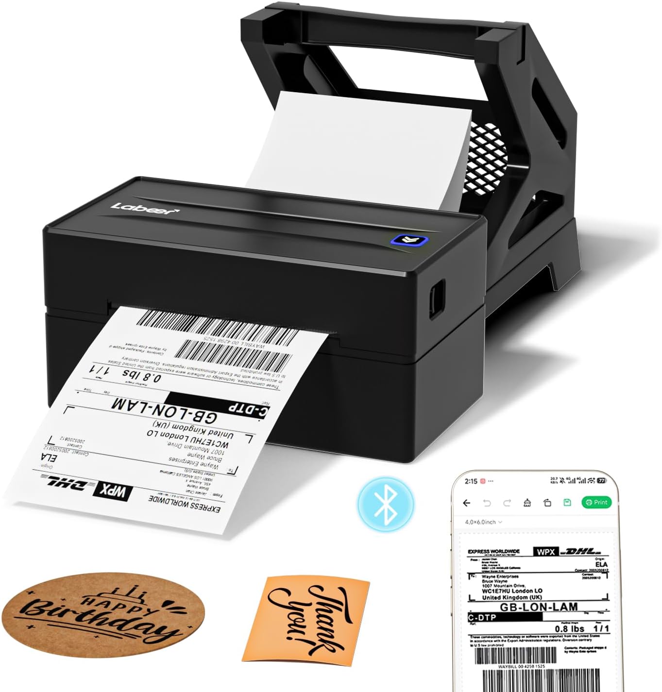 Labeer Label Printer with Holder, 4x6 Wireless Bluetooth Thermal Shipping Label Printer for Small Business, Compatible with iPhone, Android, Windows, Mac, Chromebook, USPS, Shopify