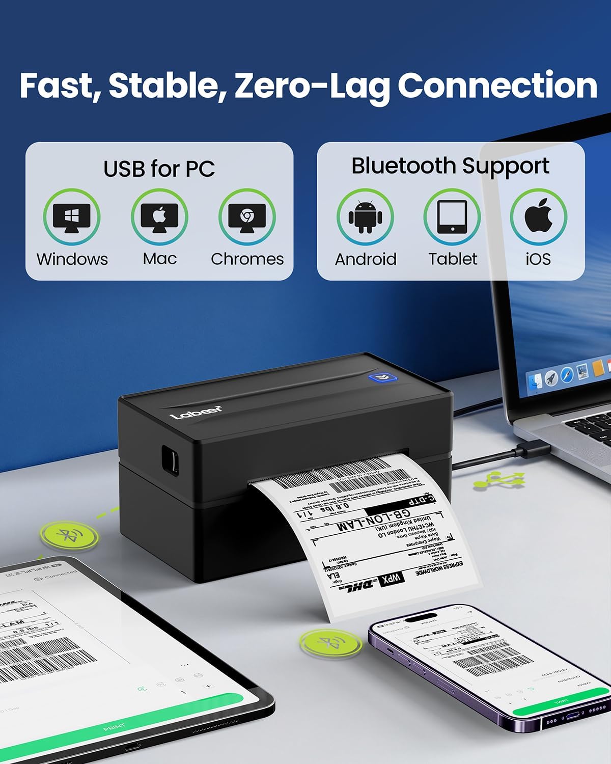 Labeer Label Printer with Holder, 4x6 Wireless Bluetooth Thermal Shipping Label Printer for Small Business, Compatible with iPhone, Android, Windows, Mac, Chromebook, USPS, Shopify